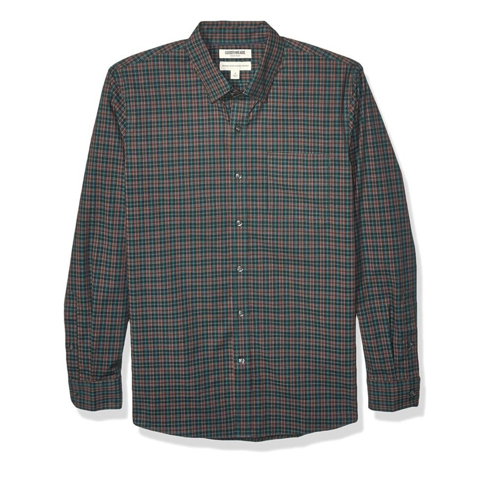 goodthreads mens standard fit long sleeve plaid poplin shirt green burgundy xs